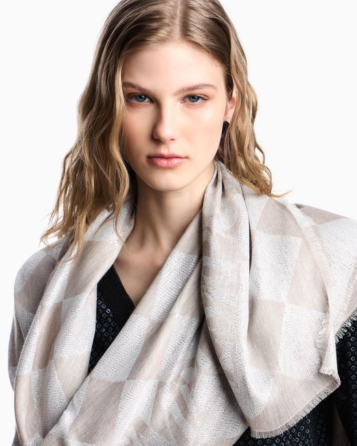 Emporio Armani White Jacquard Lurex Stole With Check Motif