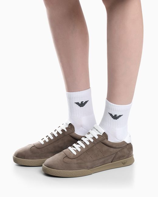 Emporio Armani Brown Nubuck Sneakers With Perforated Details And A Rubber Sole