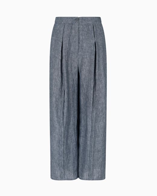 Emporio Armani Gray Chambray-Hose Mit Bundfalten, Gefertigt Aus Einer Leinen-Mischung
