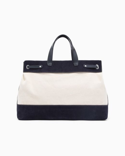 Emporio Armani Blue Canvas Shopper Bag With Leather Details for men