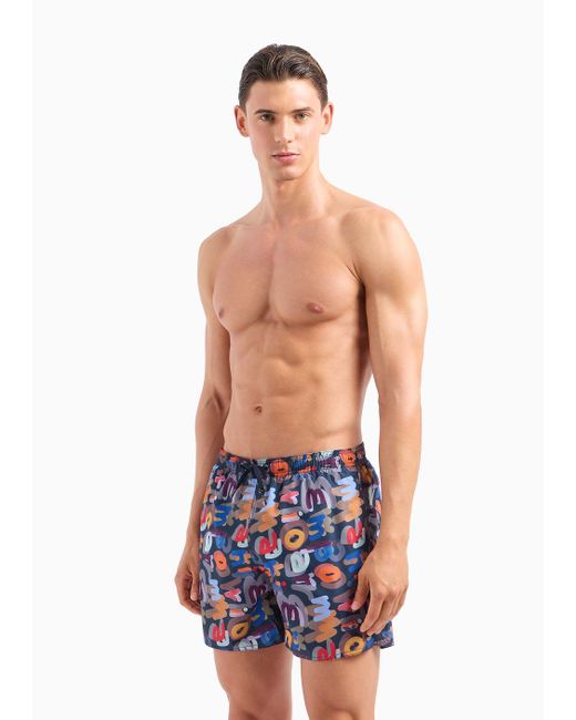 Emporio Armani Blue Asv Macro Logo Print Quick-dry Recycled-fabric Swim Shorts for men