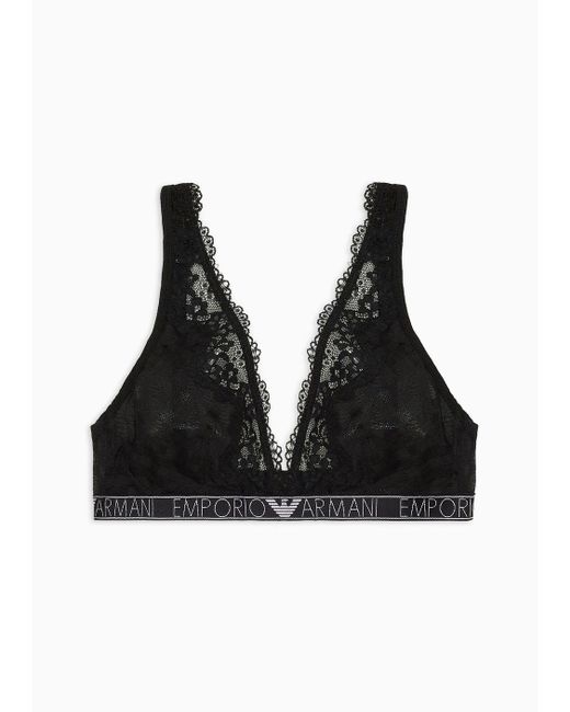 Emporio Armani Black Asv Mesh Bralette With A Gingham And Lace Pattern