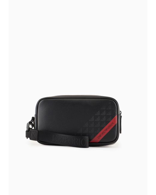 Emporio Armani Black Smooth Regenerated Leather Washbag With Asv Red Band for men