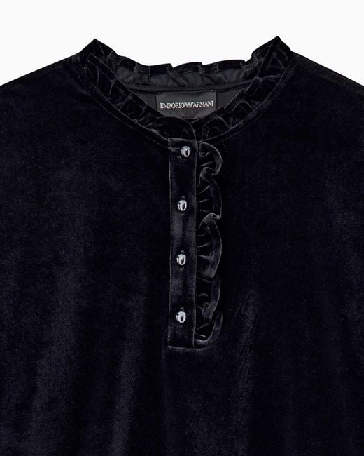 Emporio Armani Blue Chenille Jumper With Ruffled Neckline And Button Placket