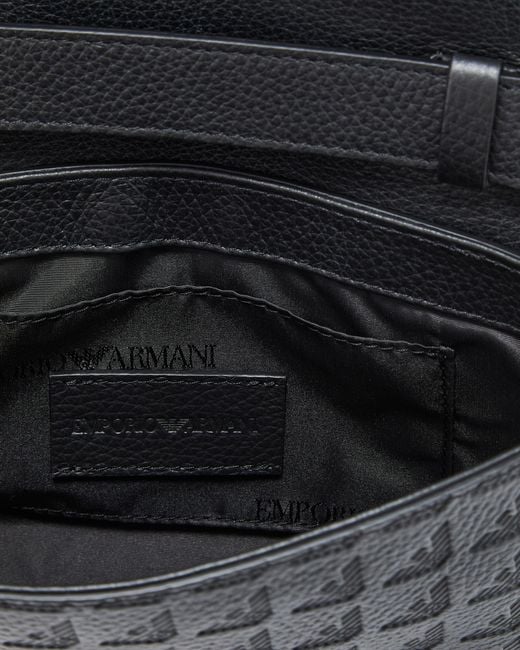 Emporio Armani Black Leather Crossbody Bag With Embossed Geometric Pattern for men