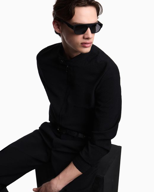 Emporio Armani Blue Light Wool Stretch Seersucker Blouson for men