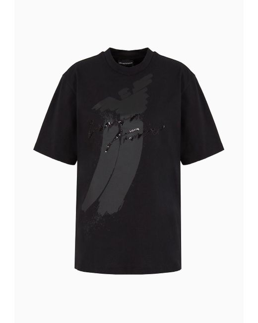 Emporio Armani Black Asv Organic Heavyweight Jersey T-shirt With Sequin Logo Print And Embroidery