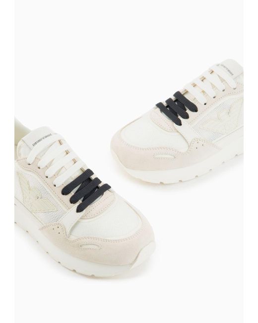 Emporio Armani White Mesh Sneakers With Suede Details And Eagle Patch