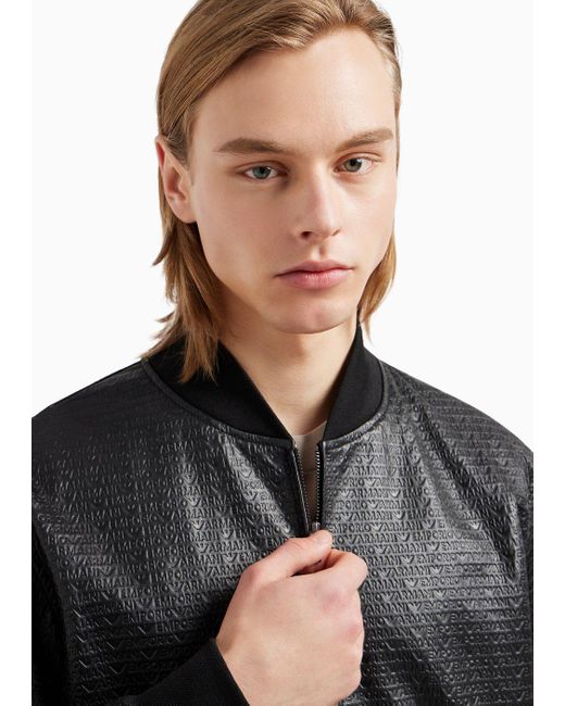 Emporio Armani Black Blouson In Vegetable-tanned Lamb Nappa Leather With All-over Lettering Print for men