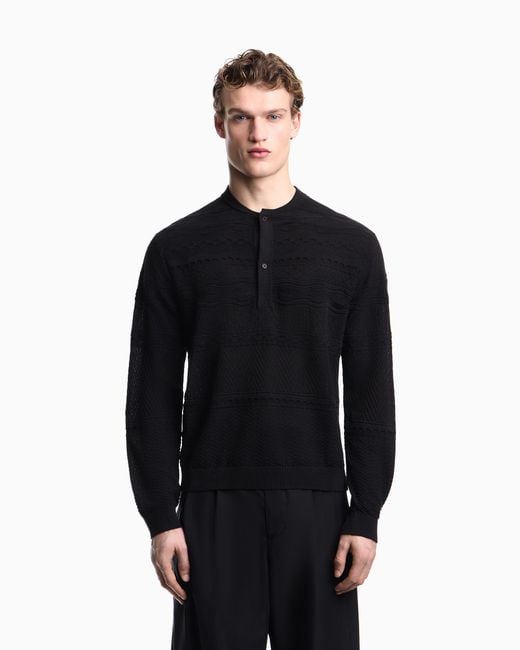 Emporio Armani Black Lyocell-Blend, Henley Neckline Jumper for men