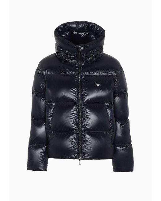 Emporio Armani Blue Water-repellent Hooded Down Jacket In Quilted Nylon for men