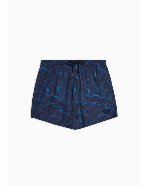 Emporio Armani Blue Printed Iridescent Fabric Swim Shorts for men