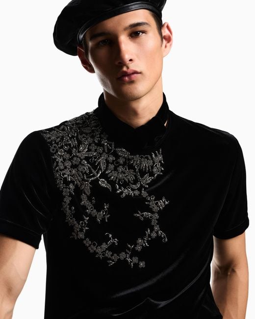 Emporio Armani Black Chenille Jersey T-Shirt With Beaded Embroidery for men