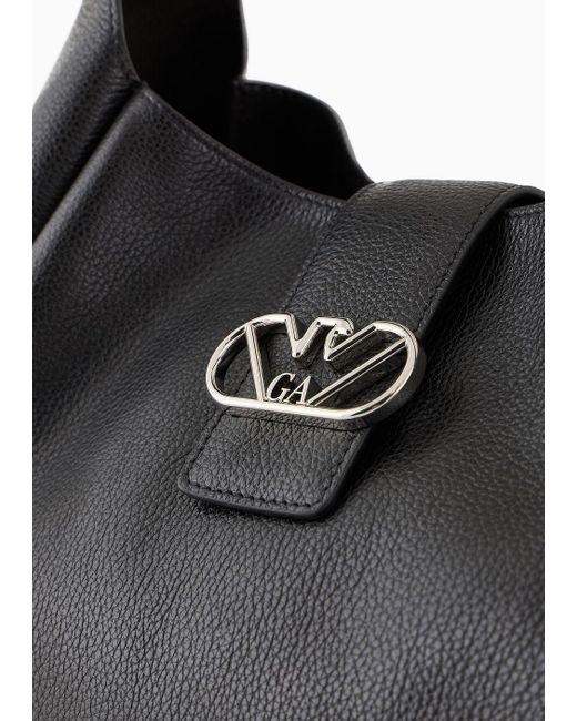 Emporio Armani Black Leather Hobo Shoulder Bag With Eagle Buckle