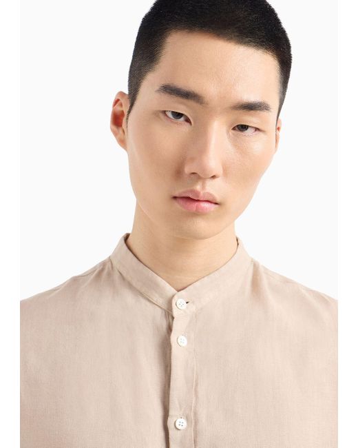 Emporio Armani Natural Garment-dyed Linen Shirt With Guru Collar for men