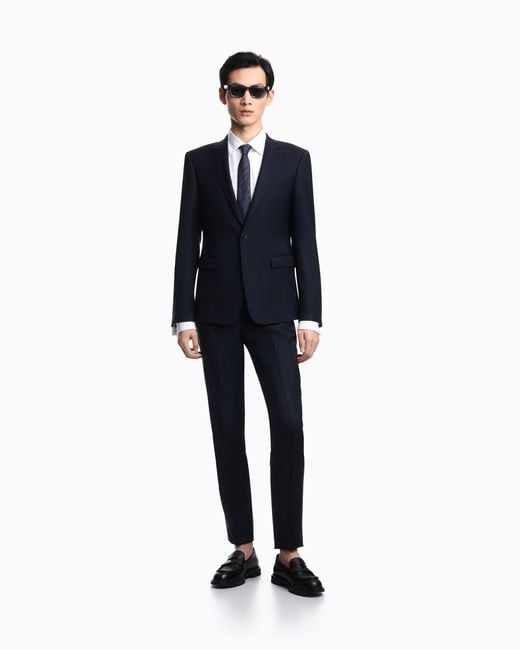 Emporio Armani Blue Plain Worsted Wool Single-Breasted Jacket for men