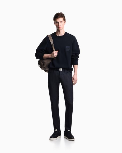 Emporio Armani Blue French Terry Jersey Sweatshirt With Shield Embroidery for men