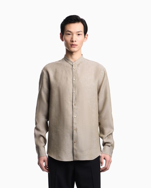 Emporio Armani White Pure Linen Shirt With Guru Collar for men