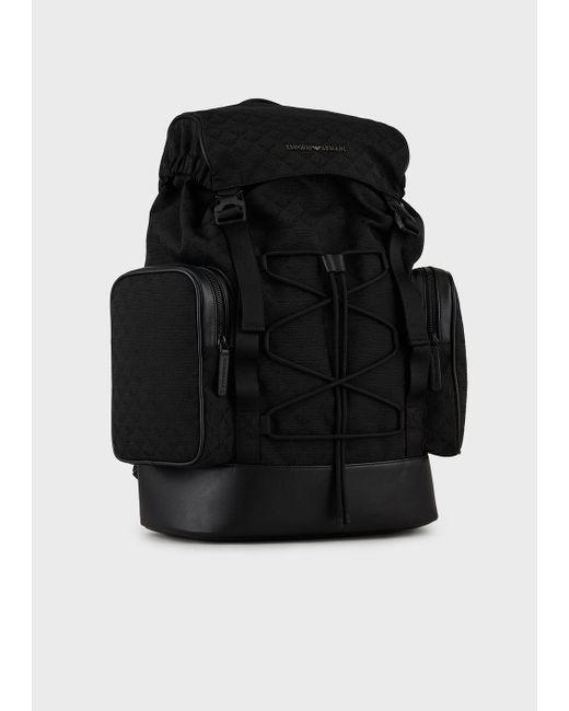 Emporio Armani Black Nylon Hiking Backpack With All-over Jacquard Eagle for men
