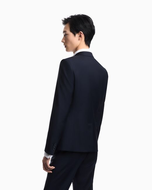 Emporio Armani Blue Plain Worsted Wool Single-Breasted Jacket for men