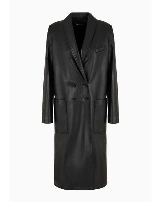 Emporio Armani Black Double-breasted Coat In Glove-like Nappa Lambskin