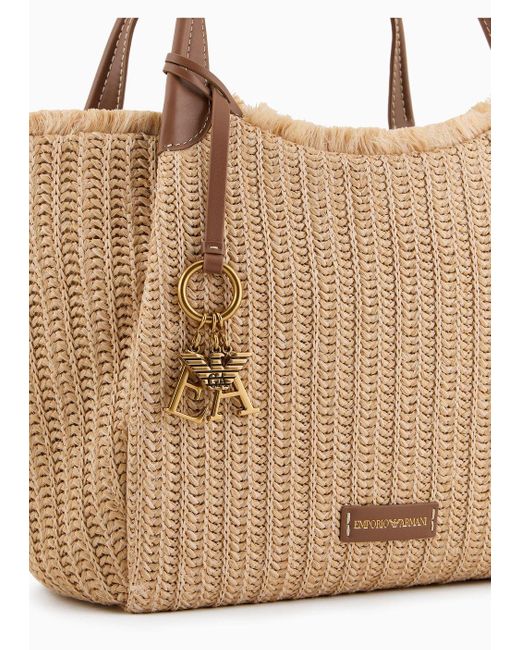 Emporio Armani Natural Woven Straw Shopper Bag With Logo Charm