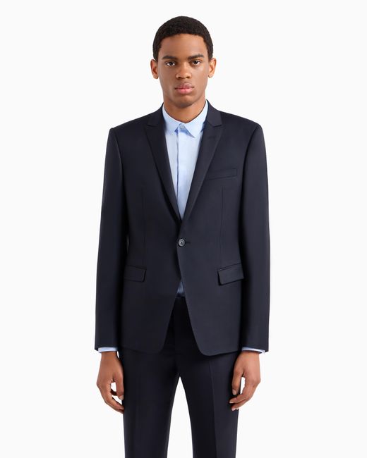 Emporio Armani Blue Single-Breasted, Virgin-Wool Jacket for men