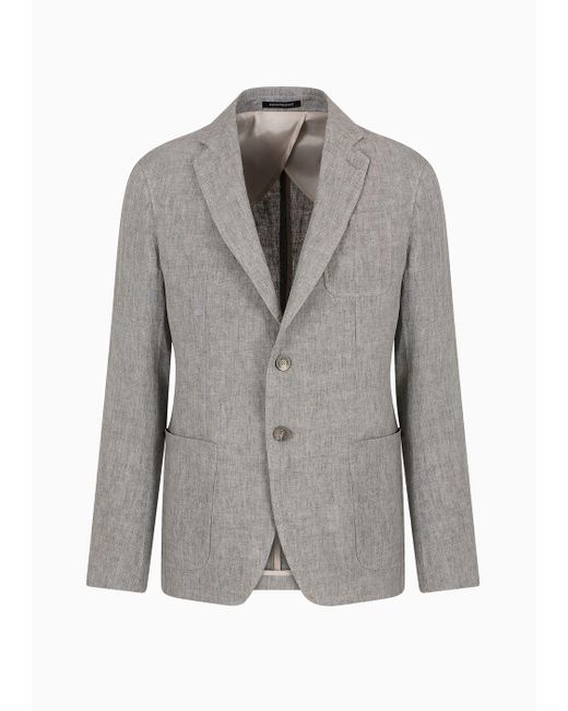 Emporio Armani Gray Single-breasted Jacket In Faded Linen With A Crêpe Texture for men