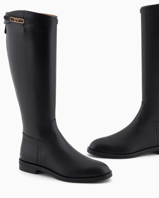 Emporio Armani Black Leather Boots With Strap And Eagle Plate