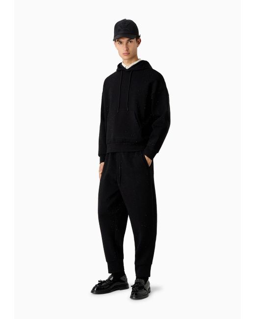 Emporio Armani Black Clubwear Double-jersey Hooded, Oversize Sweatshirt With Rhinestones for men