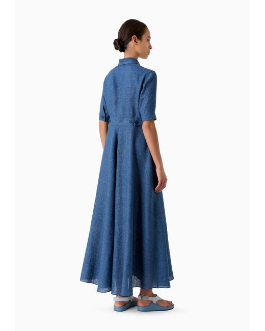 Emporio Armani Blue Icon Langes Kleid Mit Kurzen Ärmeln Aus Leinen In Used-optik
