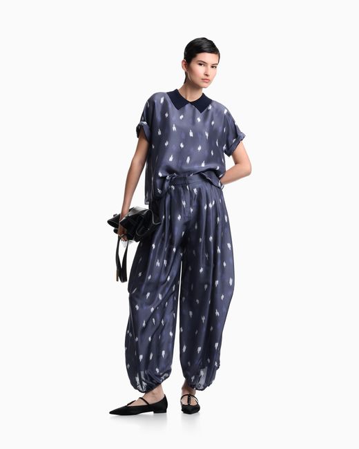 Emporio Armani Blue Silk Shantung Top With Carpet Print