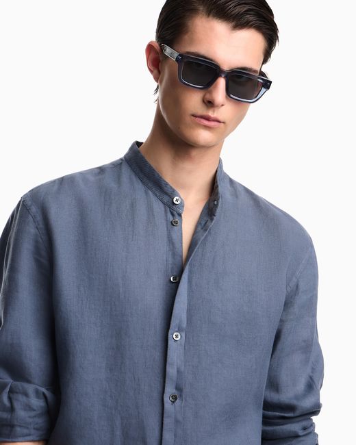 Emporio Armani Blue Garment-Dyed Linen Shirt With Guru Collar for men