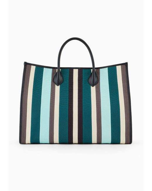 Emporio Armani Blue Shopper Bag In Multicolour Striped Canvas for men