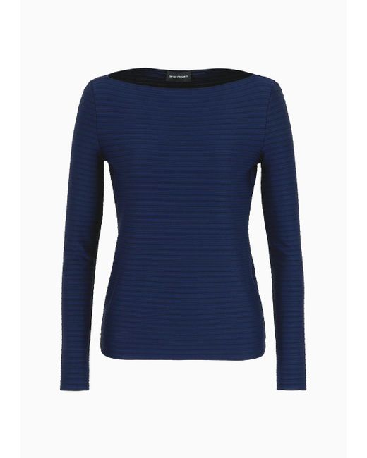 Emporio Armani Blue Boat-neck Jumper In A Jacquard Fabric With Embossed Stripe Motif