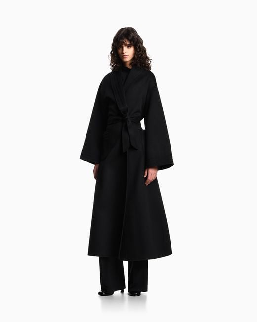 Emporio Armani Blue Cashmere And Virgin-Wool Long Coat With Belt