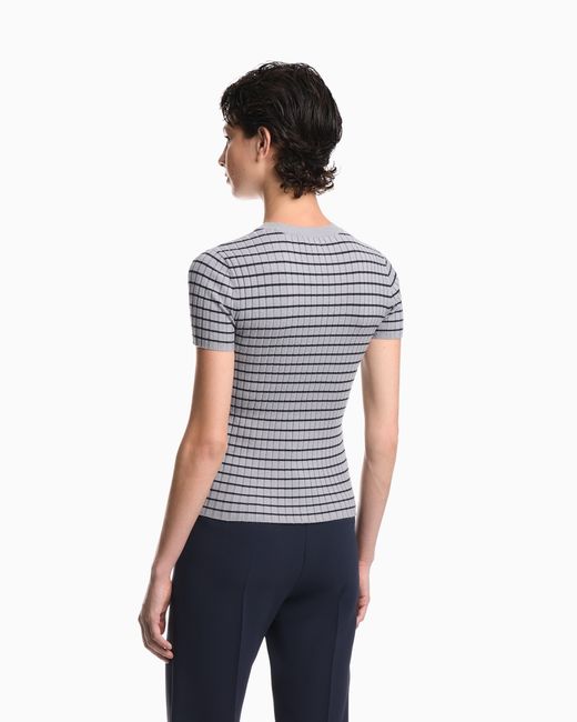 Emporio Armani Gray Crewneck Sweater With Short Sleeves And Striped Rib Motif