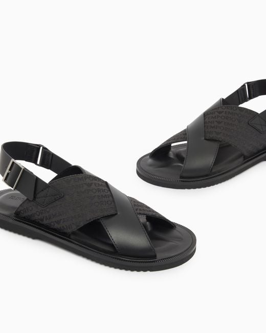 Emporio Armani White Leather And Jacquard Cross-Over Sandals for men