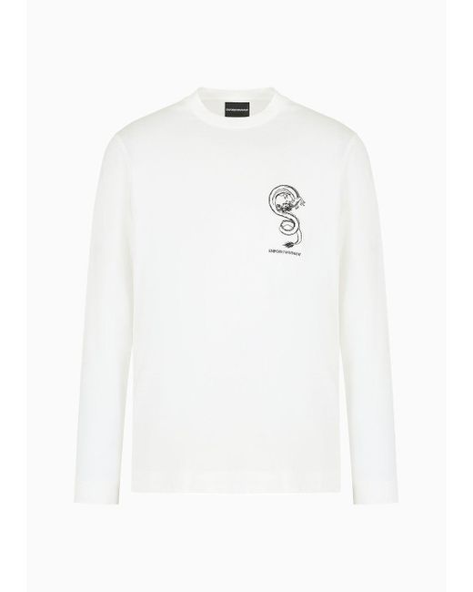 Emporio Armani White Armani Sustainability Values Lyocell-blend Jersey Sweater With Dragon Embroidery for men