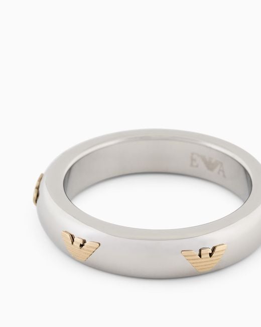Emporio Armani White Two-Tone Stainless Steel Band Ring for men