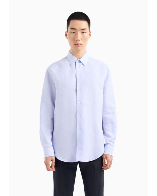 Emporio Armani White Classic-collar Shirt In A Linen-blend Chambray for men