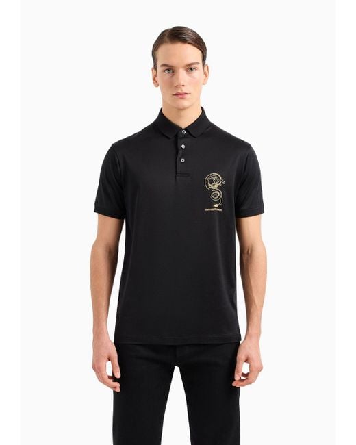 Emporio Armani Black Armani Sustainability Values Lyocell-blend Jersey Polo Shirt With Dragon Embroidery for men