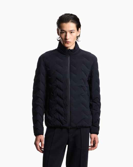 Emporio Armani Blue Nylon Down Jacket With Zip And Chevron Quilting Essential for men