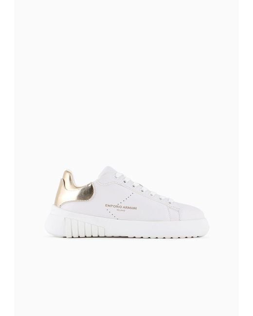 Emporio Armani White Leather Sneakers With Laminated Back