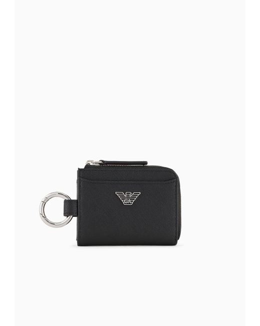 Emporio Armani Black Asv Regenerated Saffiano Leather Compact Wallet With Eagle Plate And Snap Hook for men