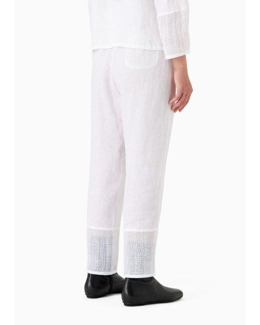 Emporio Armani White Pure Linen Trousers With Elasticated Waist And Brushed Details