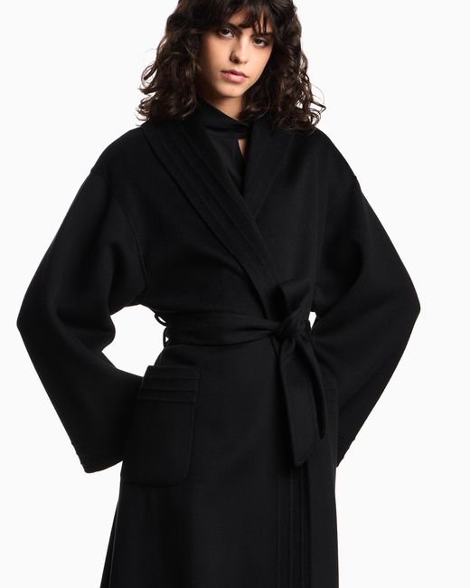 Emporio Armani Blue Cashmere And Virgin-Wool Long Coat With Belt