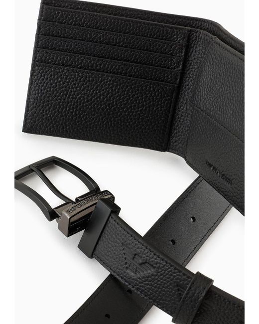 Emporio Armani Black Gift Box With Leather Wallet And Belt With All-over Embossed Eagle for men