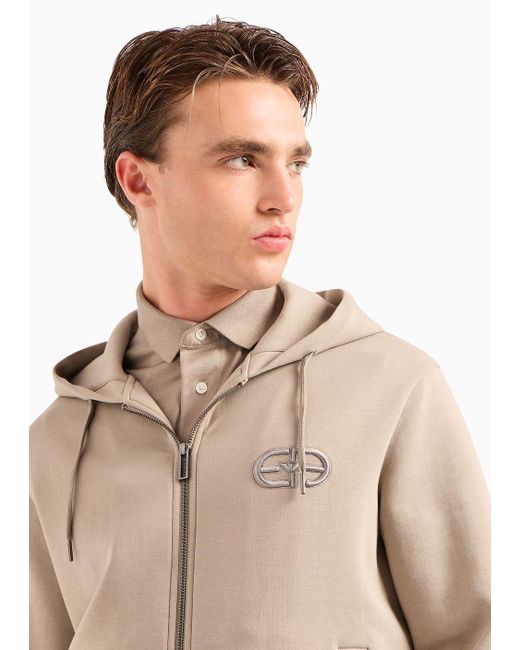 Emporio Armani Gray Double-jersey Zip-up Hooded Sweatshirt With Embossed, Embroidered Ea Logo for men