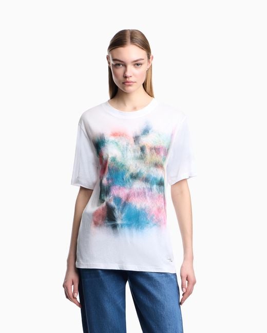 Emporio Armani White Lightweight Jersey T-Shirt With Multicolour Print